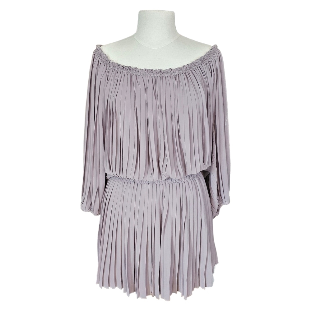 Max Studio Off Shoulder Peasant Balloon Sleeve Pleated Mini Dress Tan Size Small